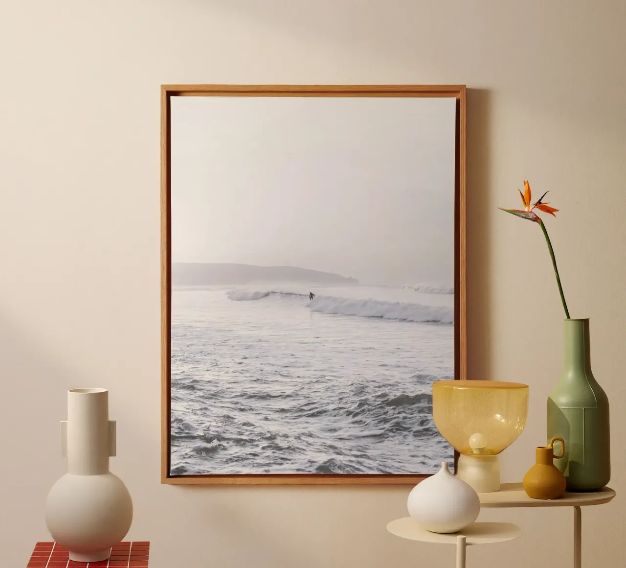 Surfers on waves - Minimalist ocean design canvas with Floater frame by Whole©