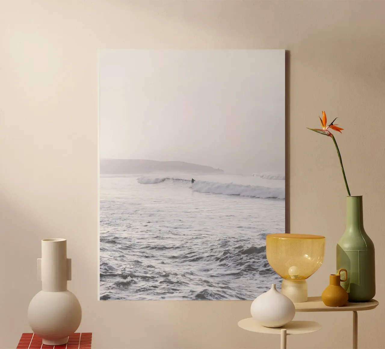 Surfers on waves - Minimalist ocean design canvas with Floater frame by Whole©