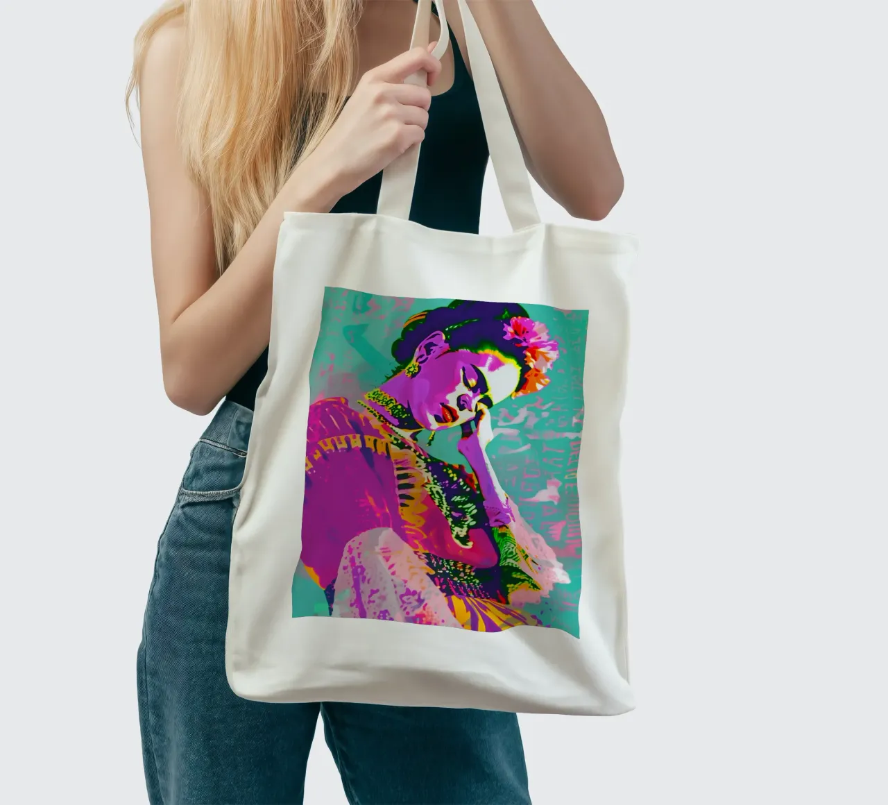 Bunte pop art Frida borsa in juta da Carinaprint
