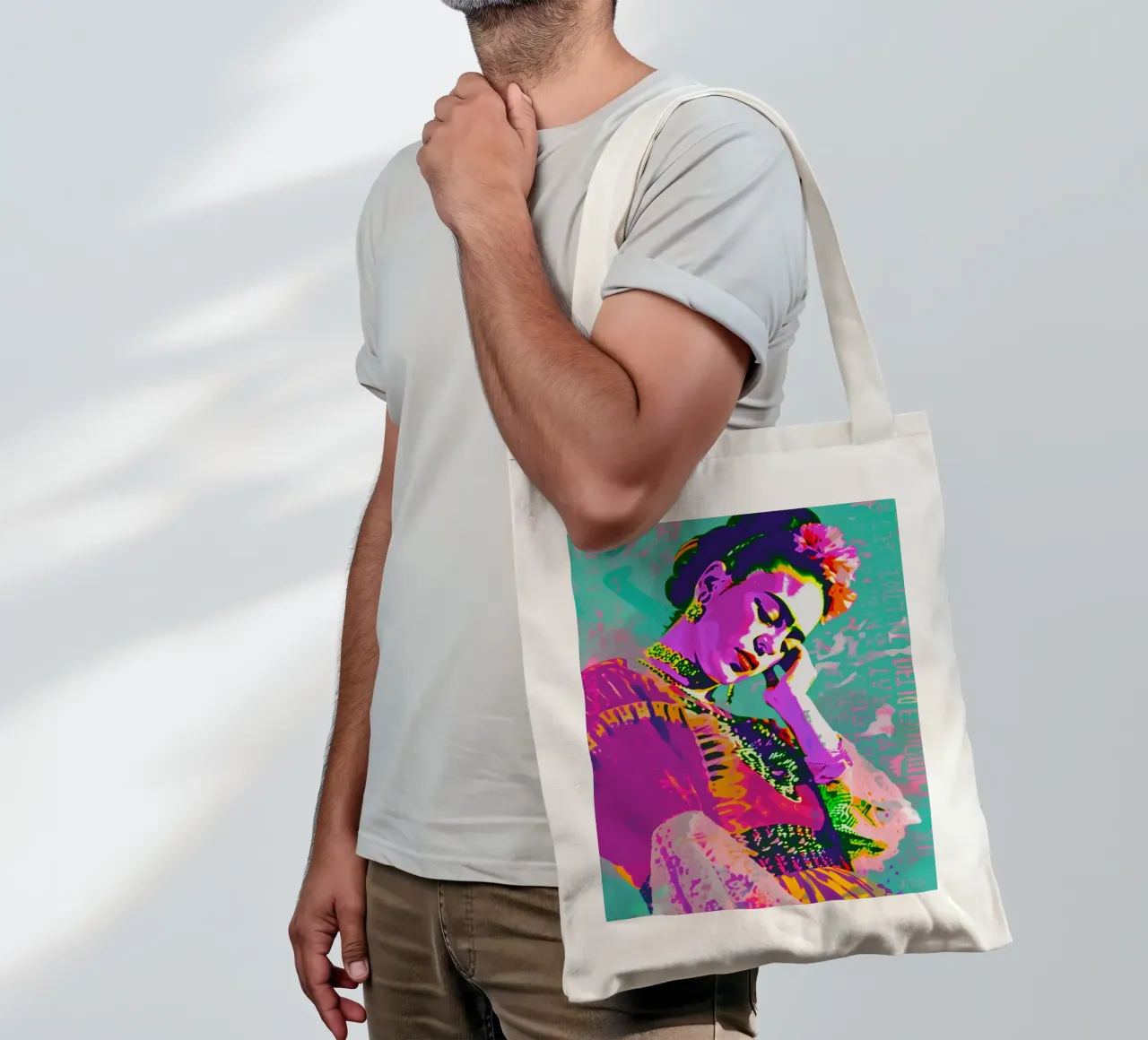 Bunte pop art Frida borsa in juta da Carinaprint