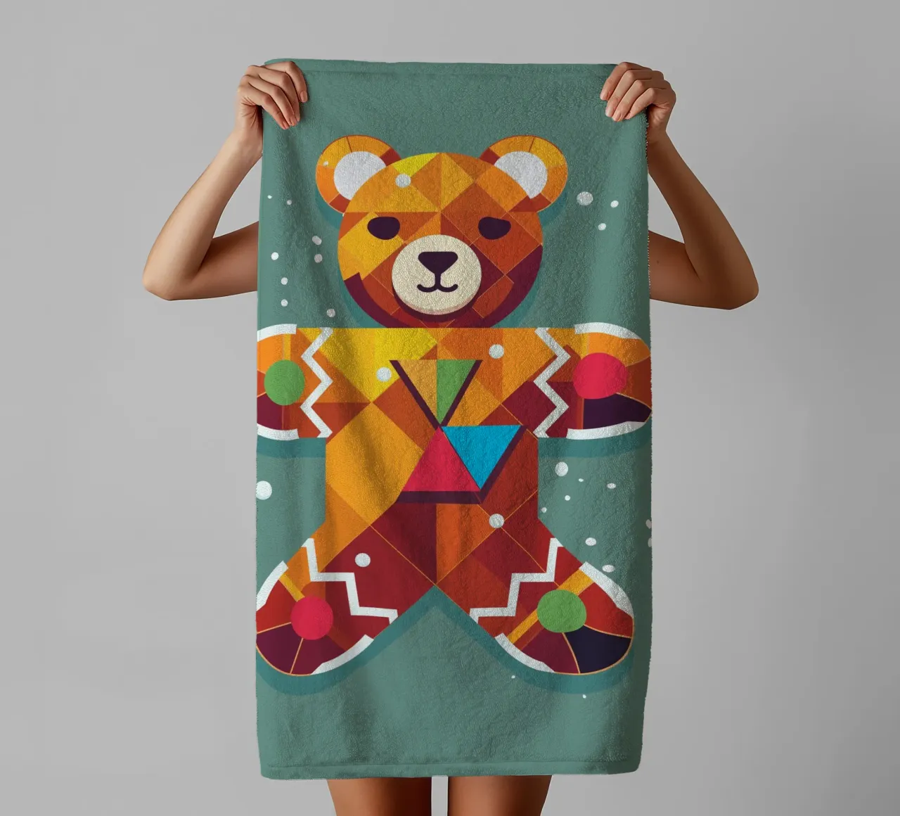 Geometric gingerbread bear - Festive Christmas design towel by namosh