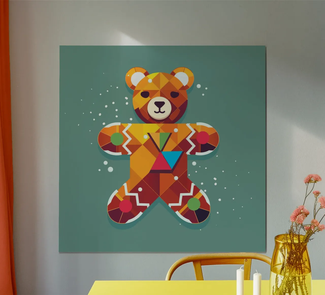 Geometrische peperkoekbeer - Feestelijk kerstontwerp poster met houten frame van namosh