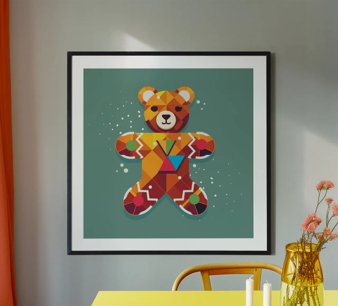 Geometrische peperkoekbeer - Feestelijk kerstontwerp poster met houten frame van namosh
