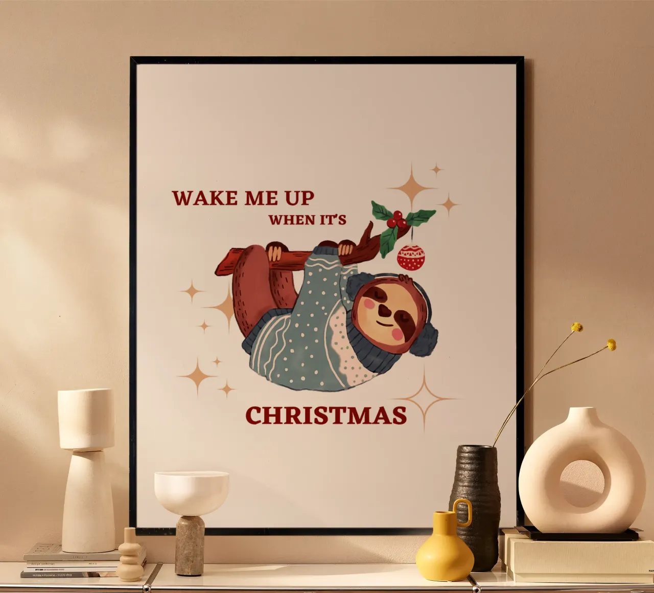 Weck mich auf, wenn es Weihnachten ist Poster mit Holzrahmen von ArtDesign by KBK