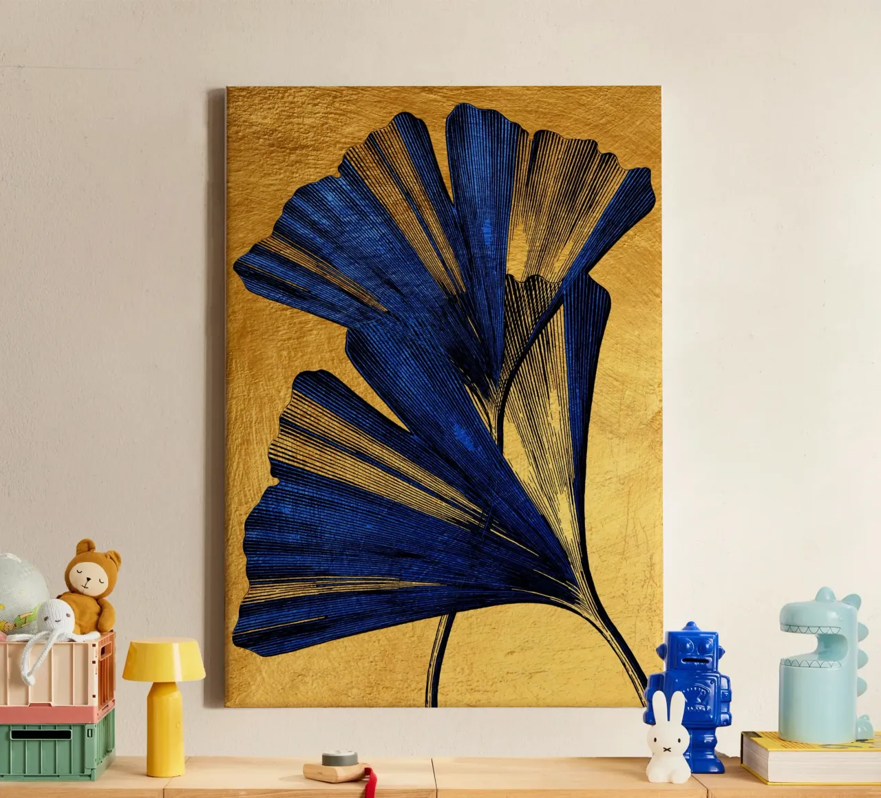 Ginkgo biloba oro e blu tela con Cornice a cassetta da Justyna Jaszke JBJart