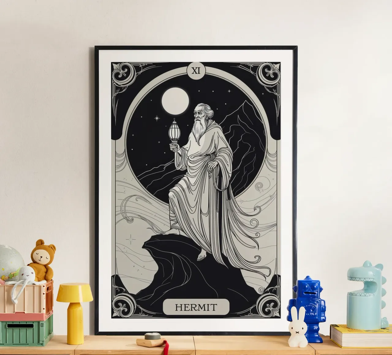 Der Eremit - Licht der Einsamkeit Poster mit Kunststoffrahmen von Mystique & Muse