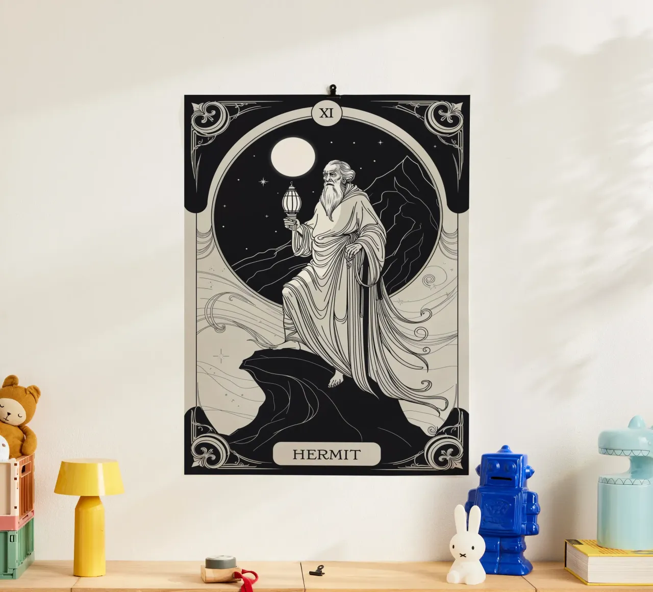 Der Eremit - Licht der Einsamkeit Poster mit Kunststoffrahmen von Mystique & Muse
