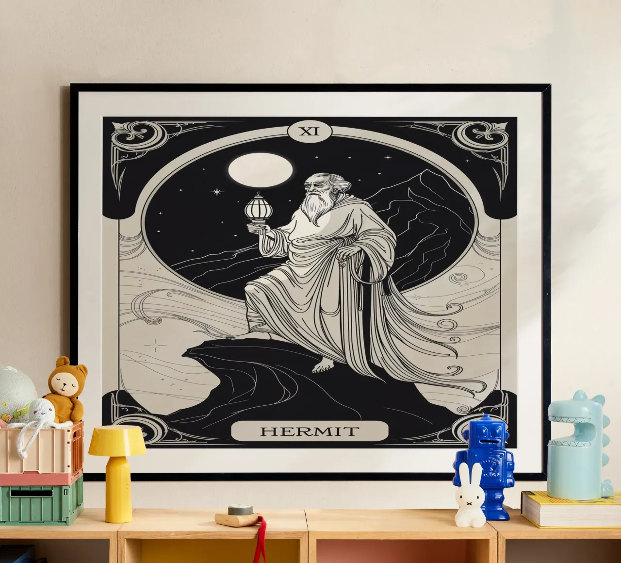 Der Eremit - Licht der Einsamkeit Poster mit Kunststoffrahmen von Mystique & Muse