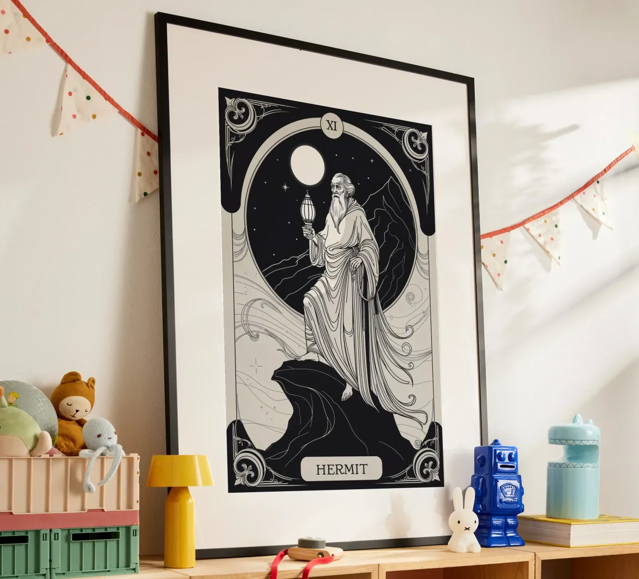 Der Eremit - Licht der Einsamkeit Poster mit Kunststoffrahmen von Mystique & Muse