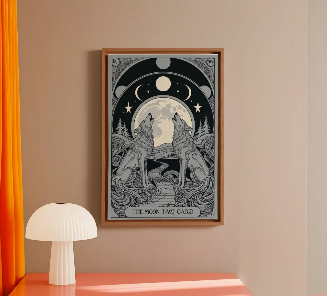 The Moon – Twin Wolves Howling Under Full Moon canvas with Floater frame by Mystique & Muse