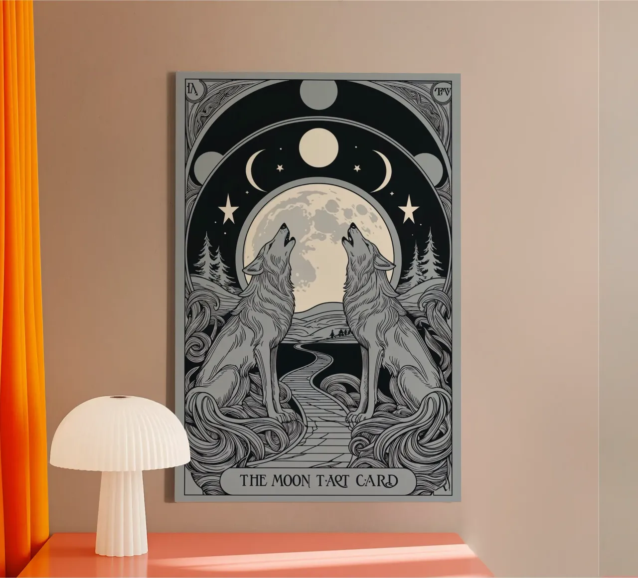 The Moon – Twin Wolves Howling Under Full Moon canvas with Floater frame by Mystique & Muse