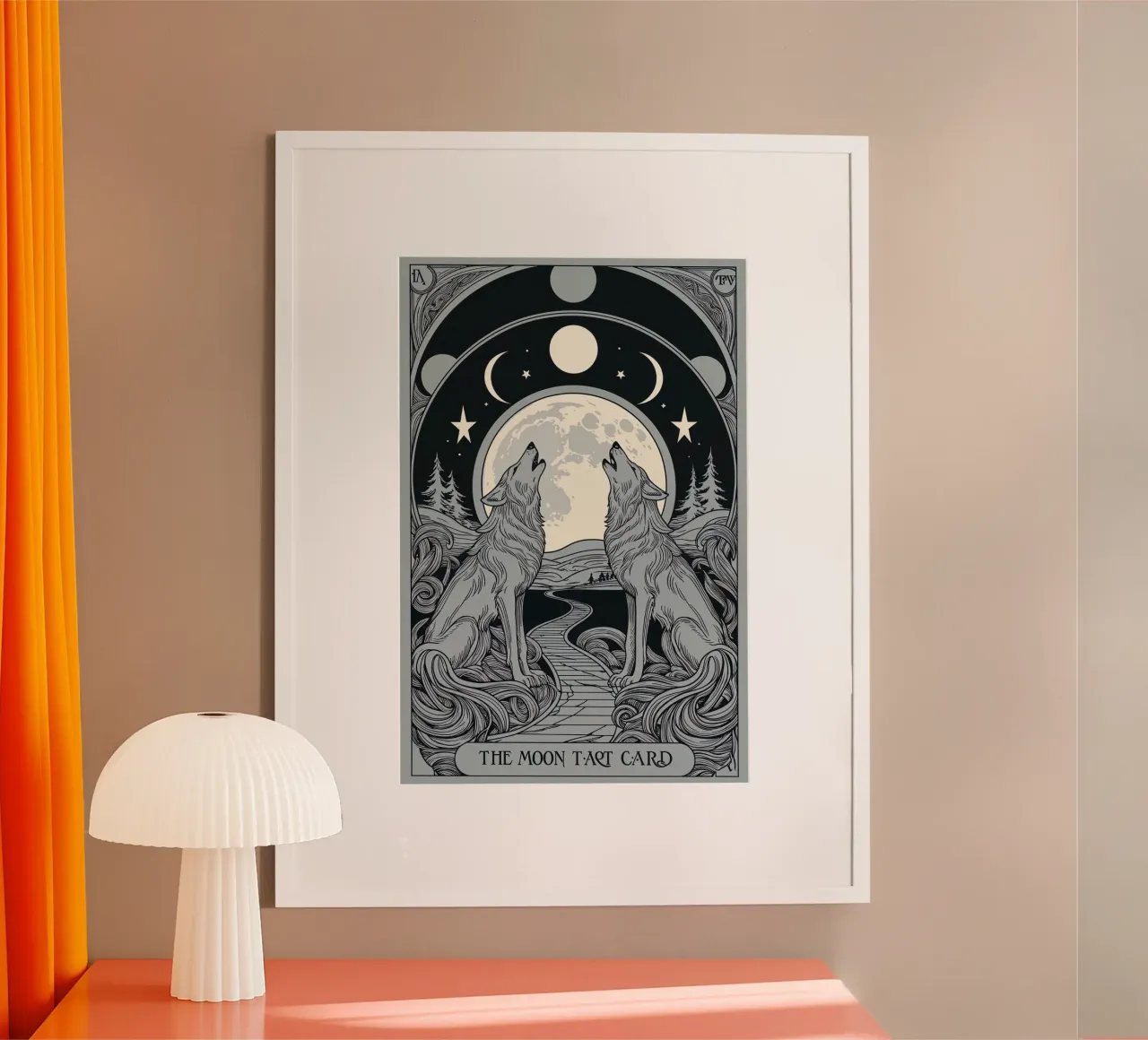 The Moon – Twin Wolves Howling Under Full Moon poster with wooden frame by Mystique & Muse
