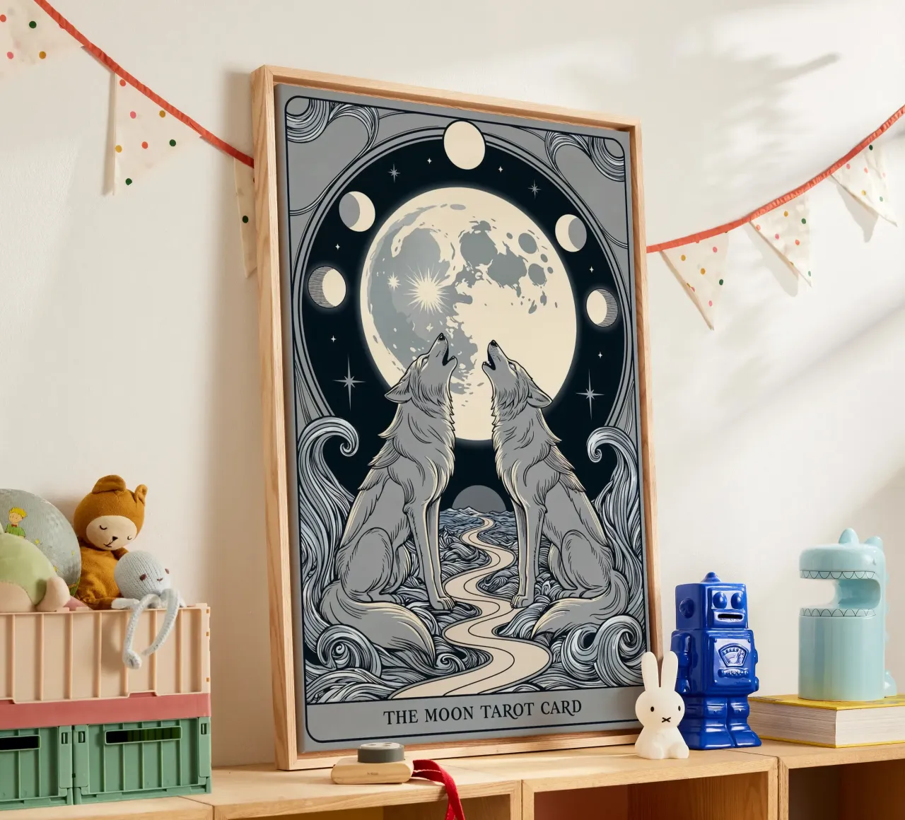 The Moon – Mystical Wolves Under the Lunar Glow canvas with Floater frame by Mystique & Muse