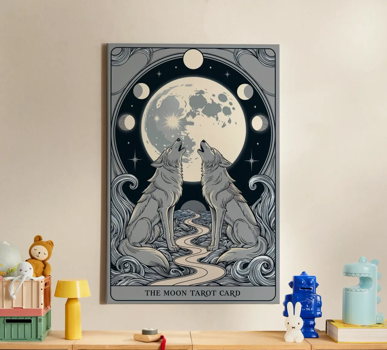 The Moon – Mystical Wolves Under the Lunar Glow canvas with Floater frame by Mystique & Muse