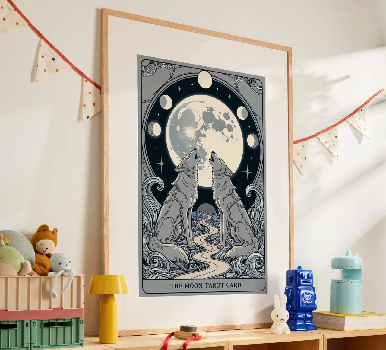 The Moon – Mystical Wolves Under the Lunar Glow poster with wooden frame by Mystique & Muse