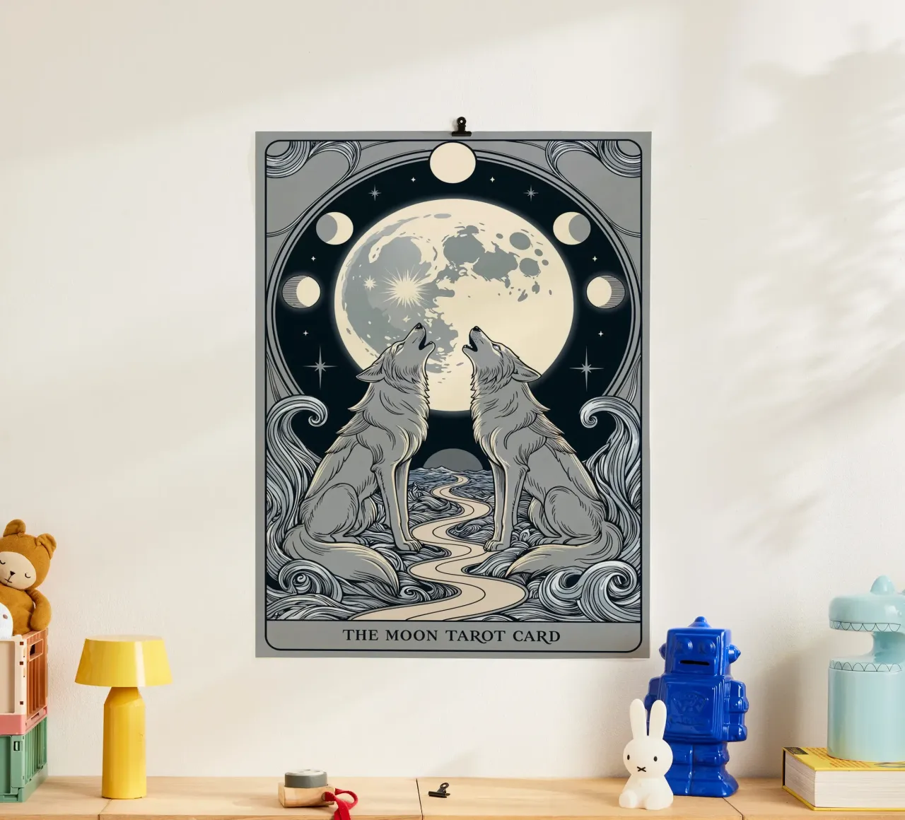 The Moon – Mystical Wolves Under the Lunar Glow poster with wooden frame by Mystique & Muse