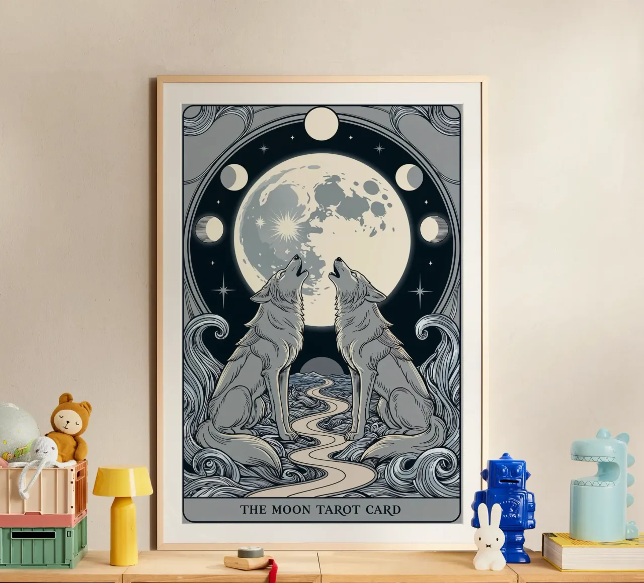 The Moon – Mystical Wolves Under the Lunar Glow poster with wooden frame by Mystique & Muse