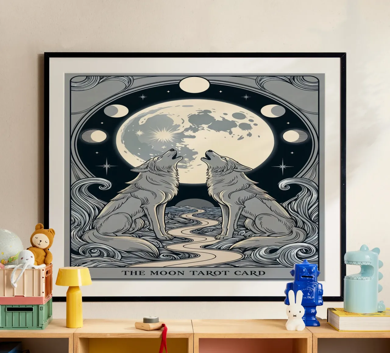 The Moon – Mystical Wolves Under the Lunar Glow poster with wooden frame by Mystique & Muse