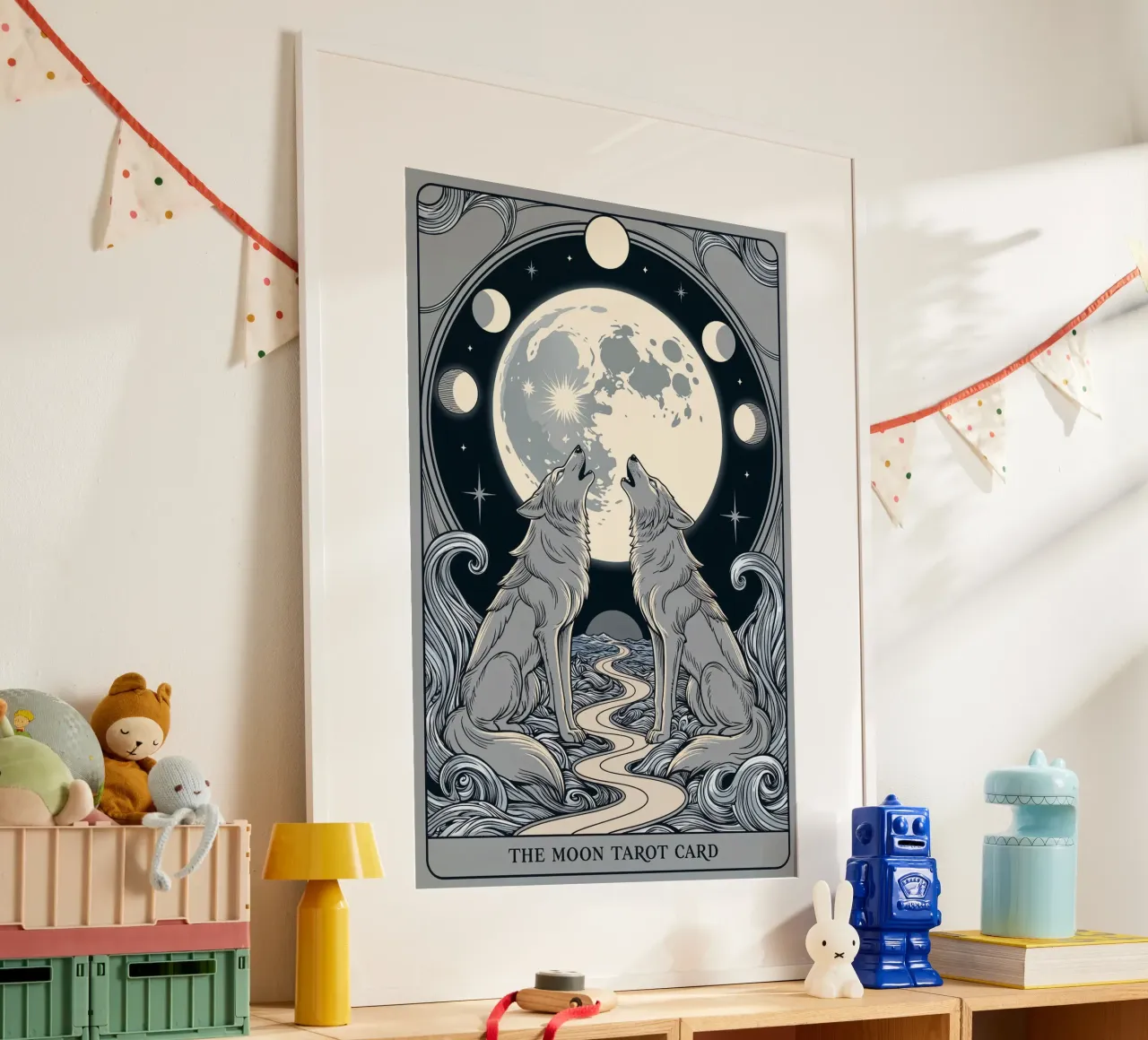 The Moon – Mystical Wolves Under the Lunar Glow poster with wooden frame by Mystique & Muse