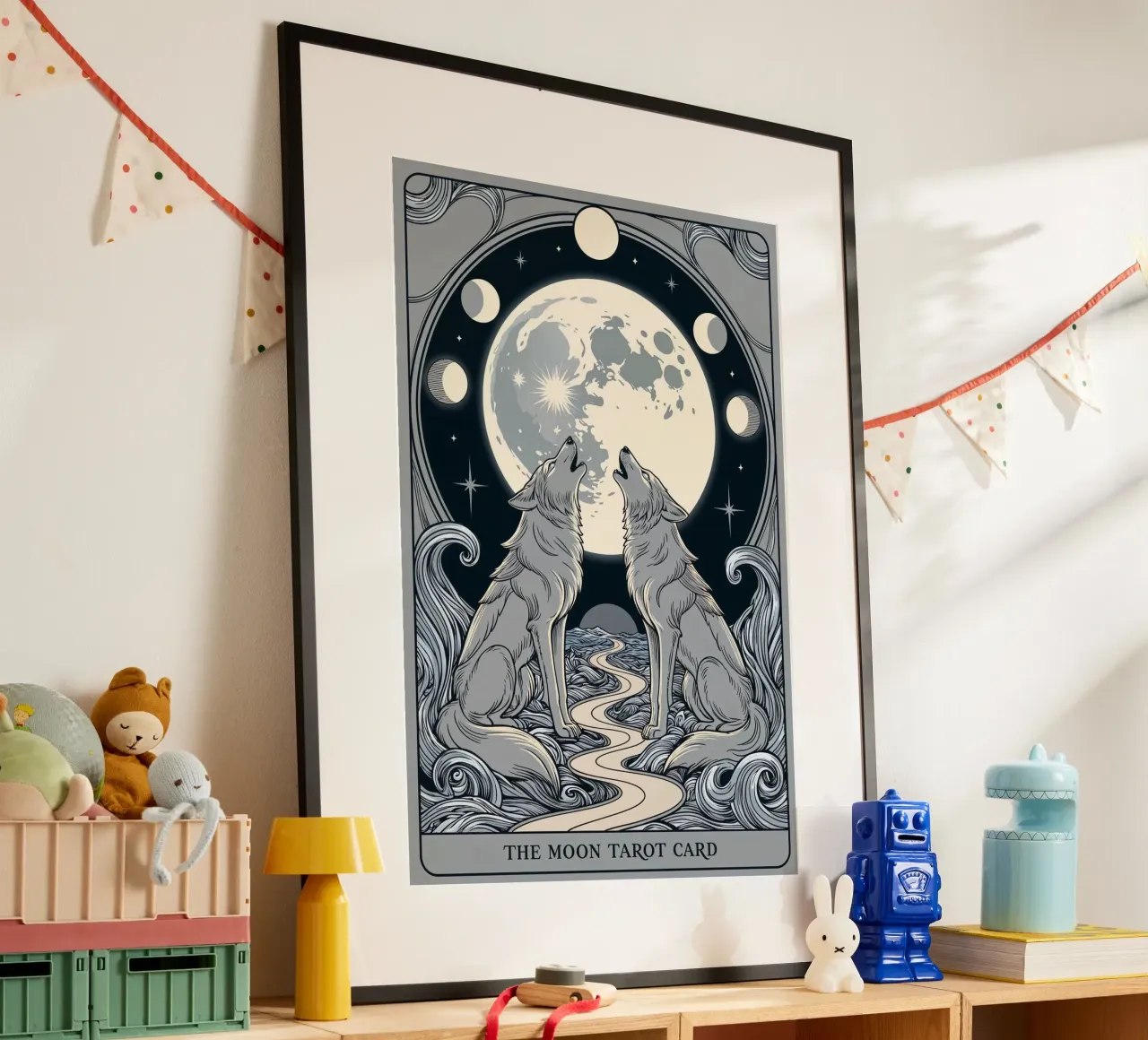 The Moon – Mystical Wolves Under the Lunar Glow poster with wooden frame by Mystique & Muse