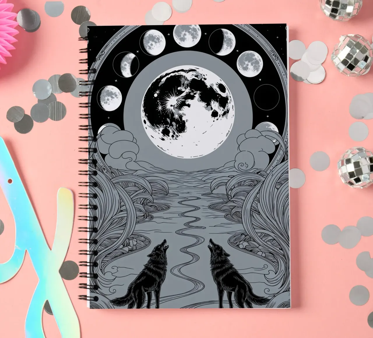The Moon – Wolves and the Path to Hidden Truths spiral notebook by Mystique & Muse