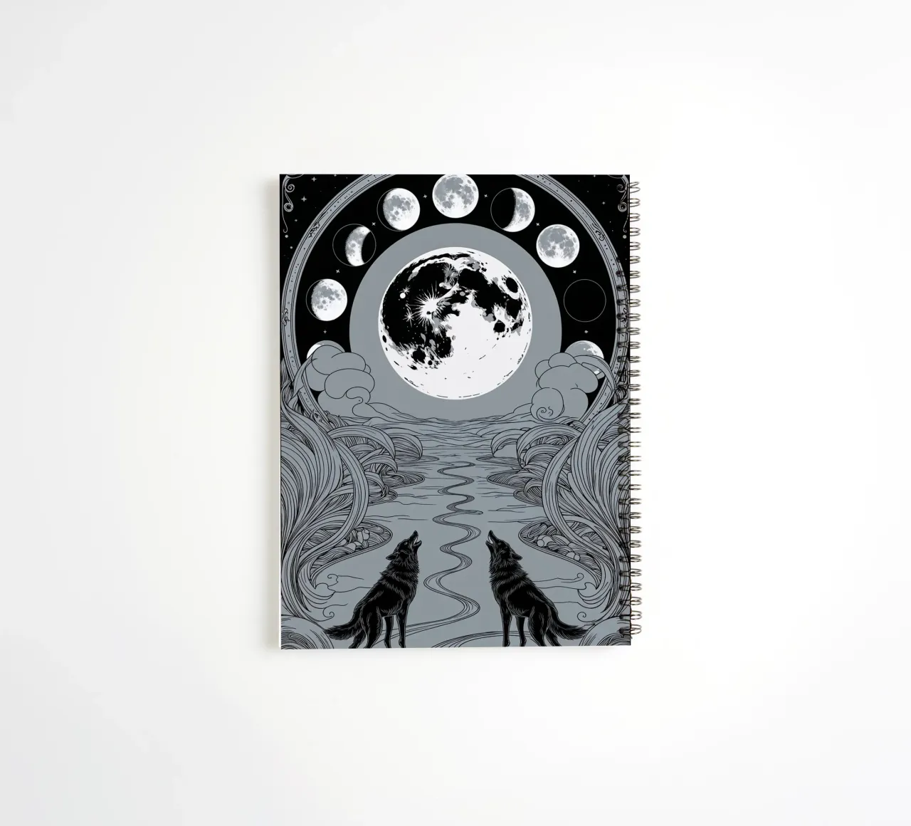 The Moon – Wolves and the Path to Hidden Truths spiral notebook by Mystique & Muse