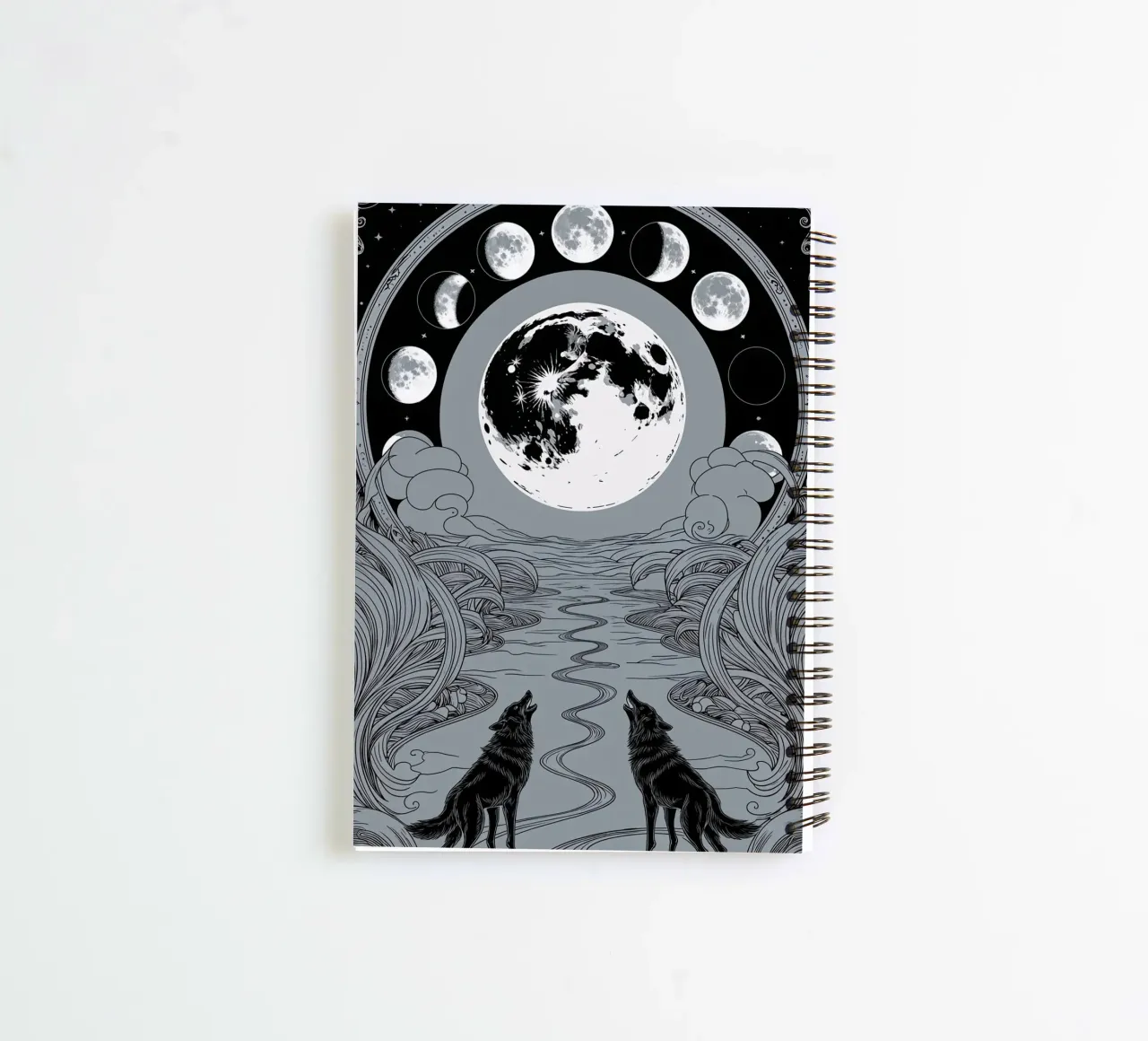 The Moon – Wolves and the Path to Hidden Truths spiral notebook by Mystique & Muse