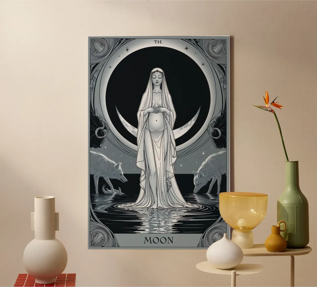 The Moon – Luna and Wolves by Moonlight canvas with Floater frame by Mystique & Muse