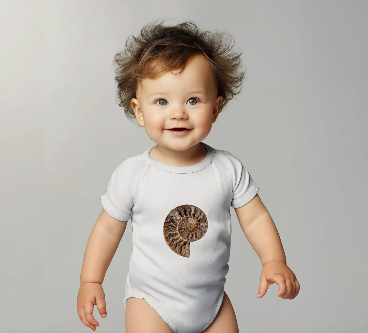 Schelp fossiele ammoniet babyrompertje korte mouwen van Curious Collections by Marielle Leenders
