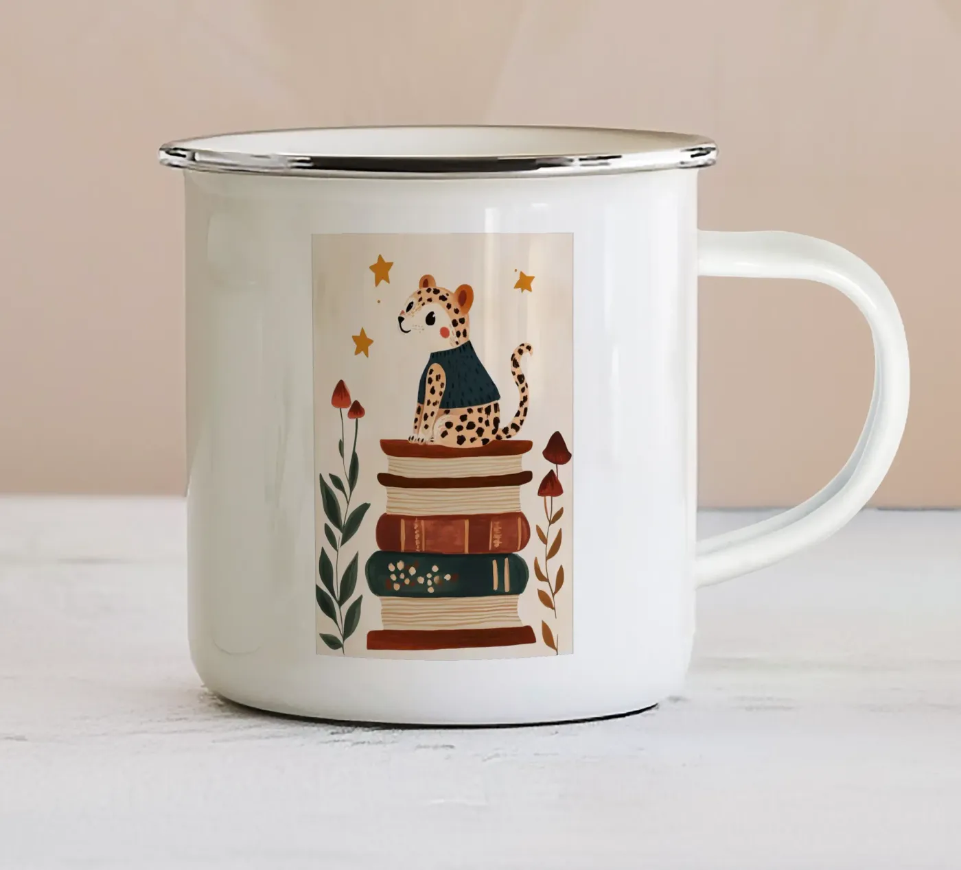 Book Stack Leopard emaille mok van Kiki
