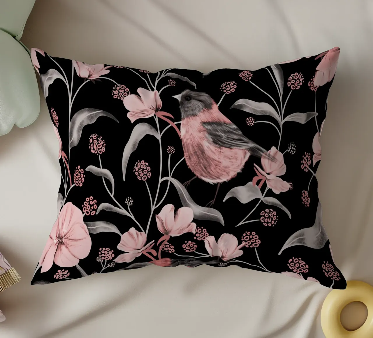 Pink Birds and Flowers cuscino da anisillustration
