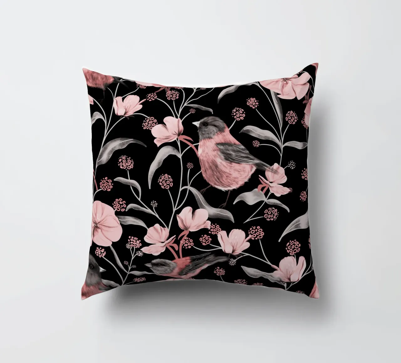 Pink Birds and Flowers cuscino da anisillustration