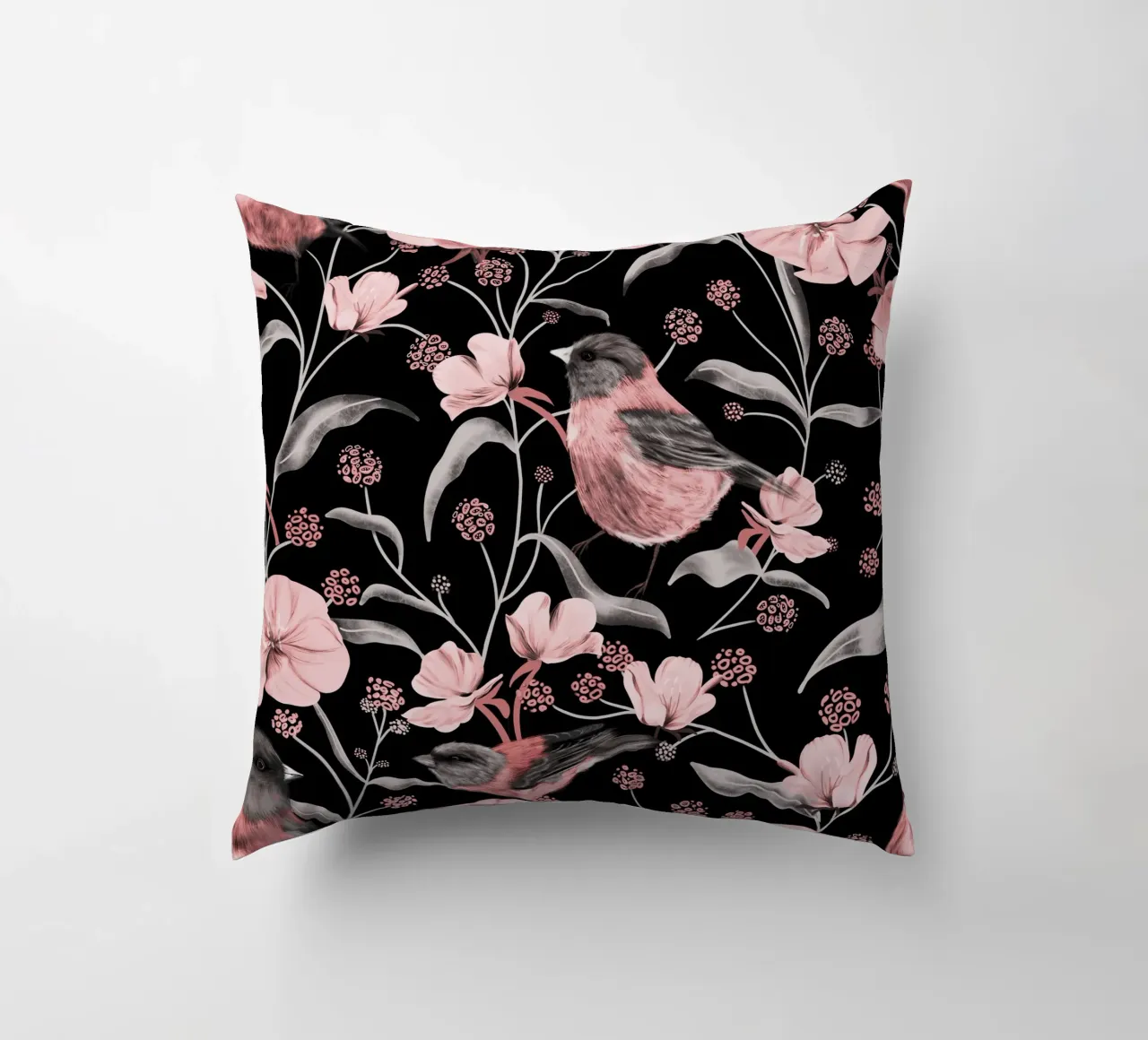 Pink Birds and Flowers cuscino da anisillustration