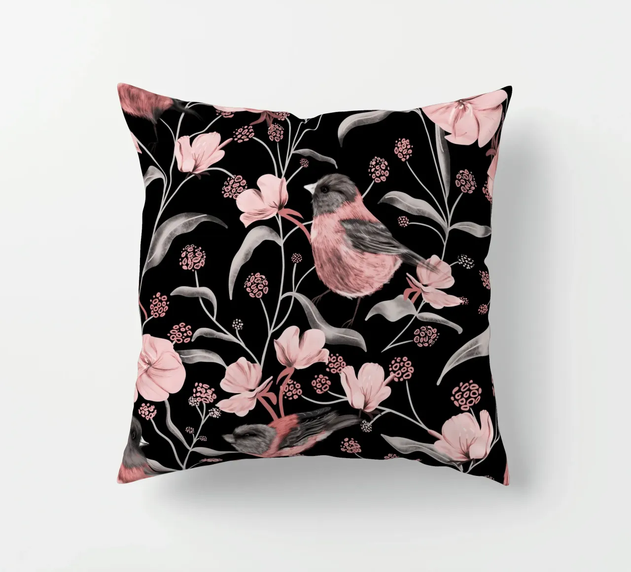 Pink Birds and Flowers cuscino da anisillustration