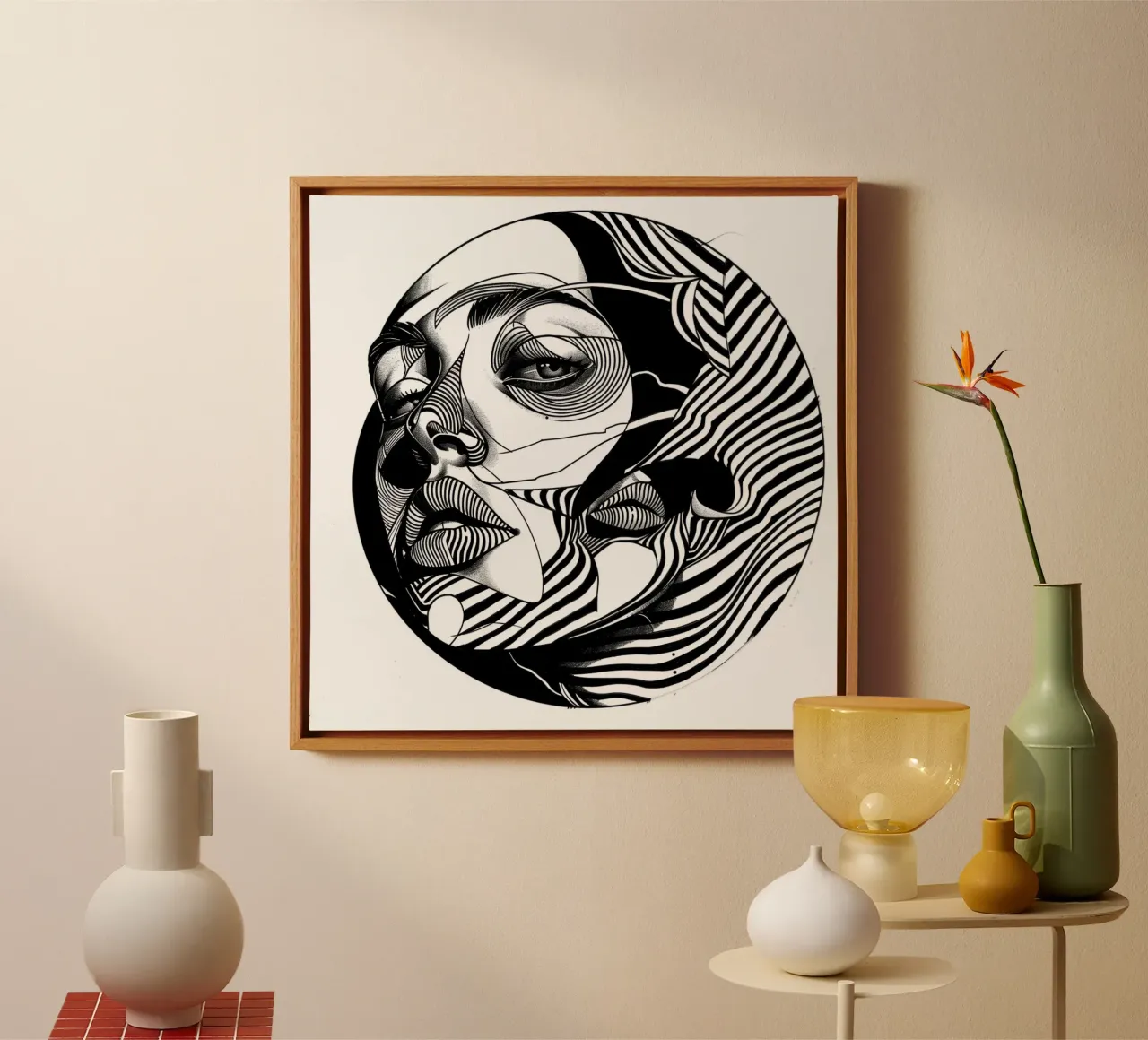 Zwart-wit abstracte vrouw canvas met Baklijst van pixel