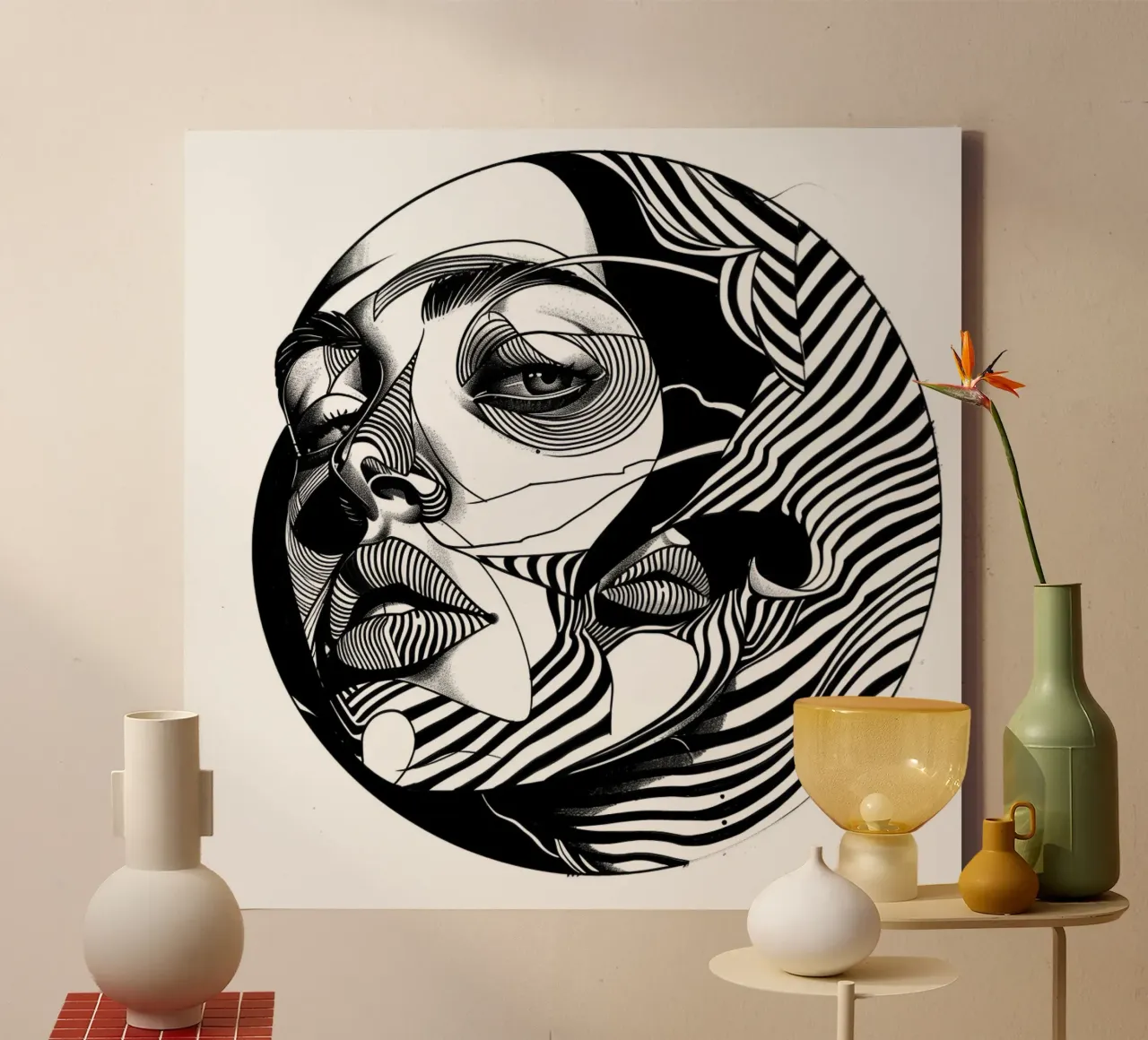 Zwart-wit abstracte vrouw canvas met Baklijst van pixel