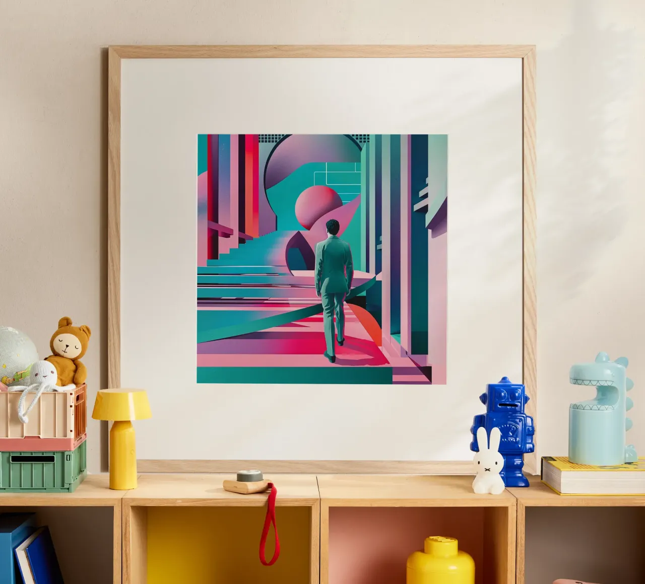 Uomo astratto poster con telaio in legno da pixel