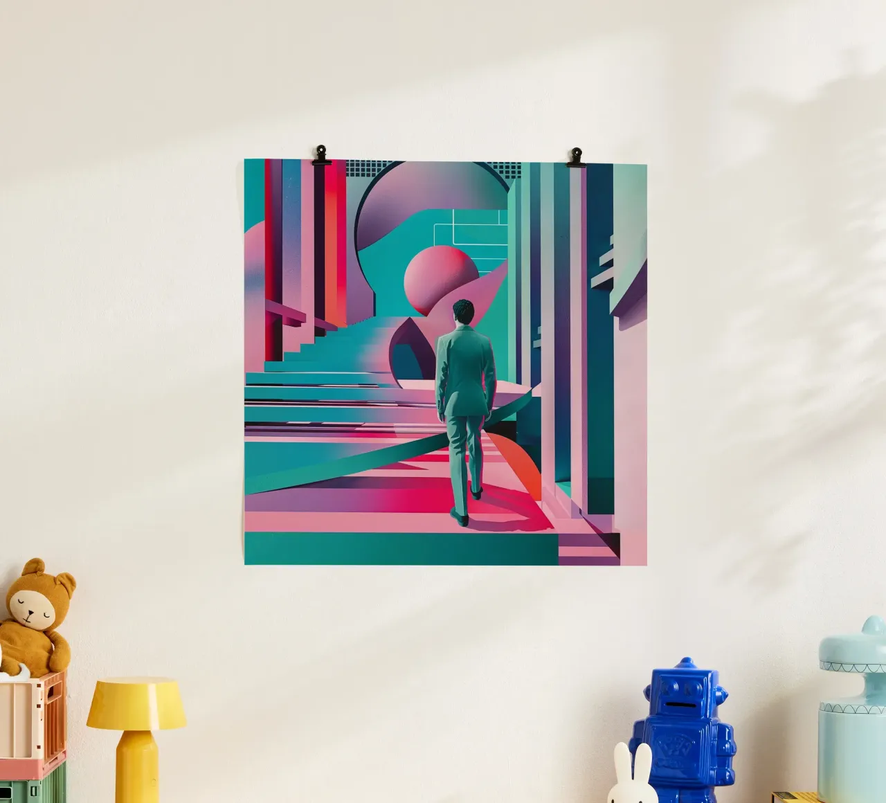 Uomo astratto poster con telaio in legno da pixel