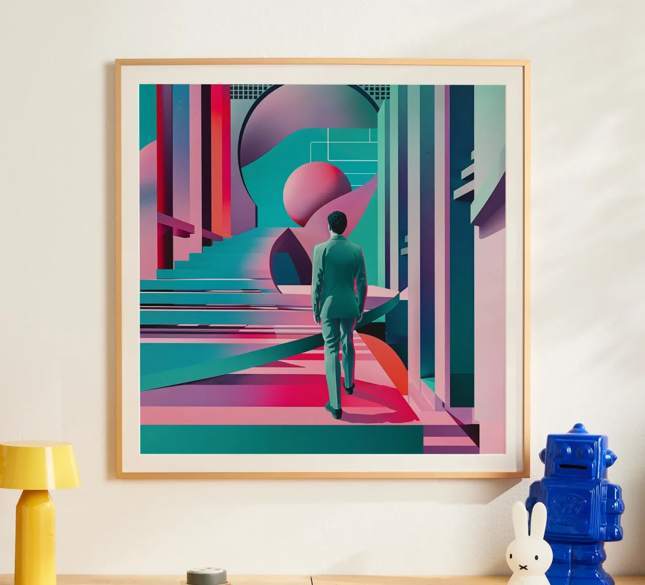 Uomo astratto poster con telaio in legno da pixel