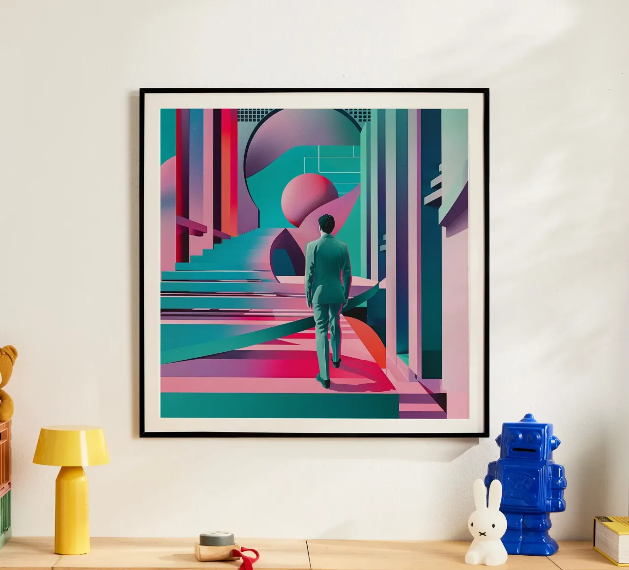 Uomo astratto poster con telaio in legno da pixel