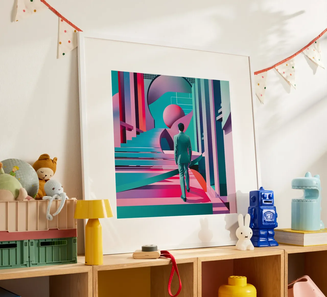 Uomo astratto poster con telaio in legno da pixel