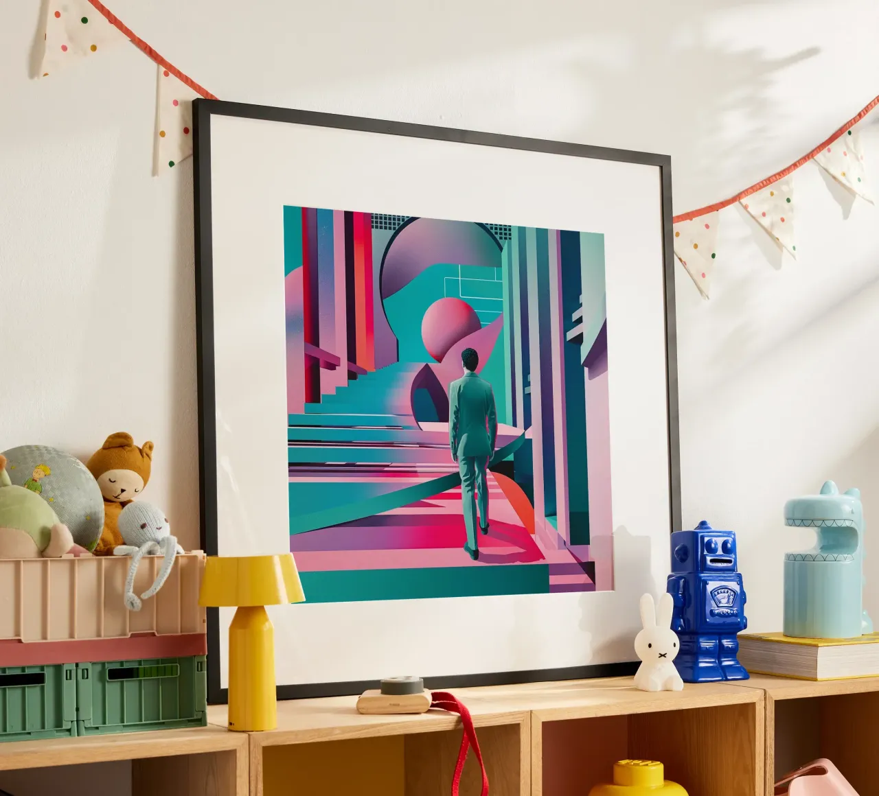 Uomo astratto poster con telaio in legno da pixel