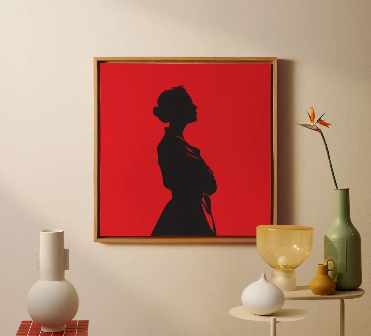 Female shadow on a red background canvas with Floater frame by pixel
