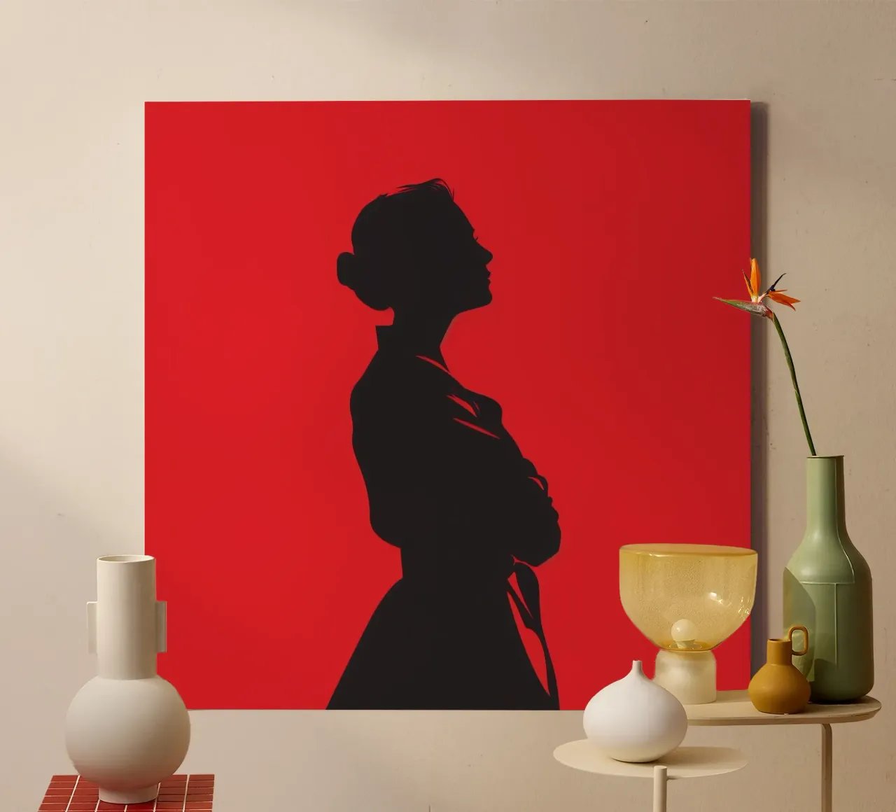 Female shadow on a red background canvas with Floater frame by pixel