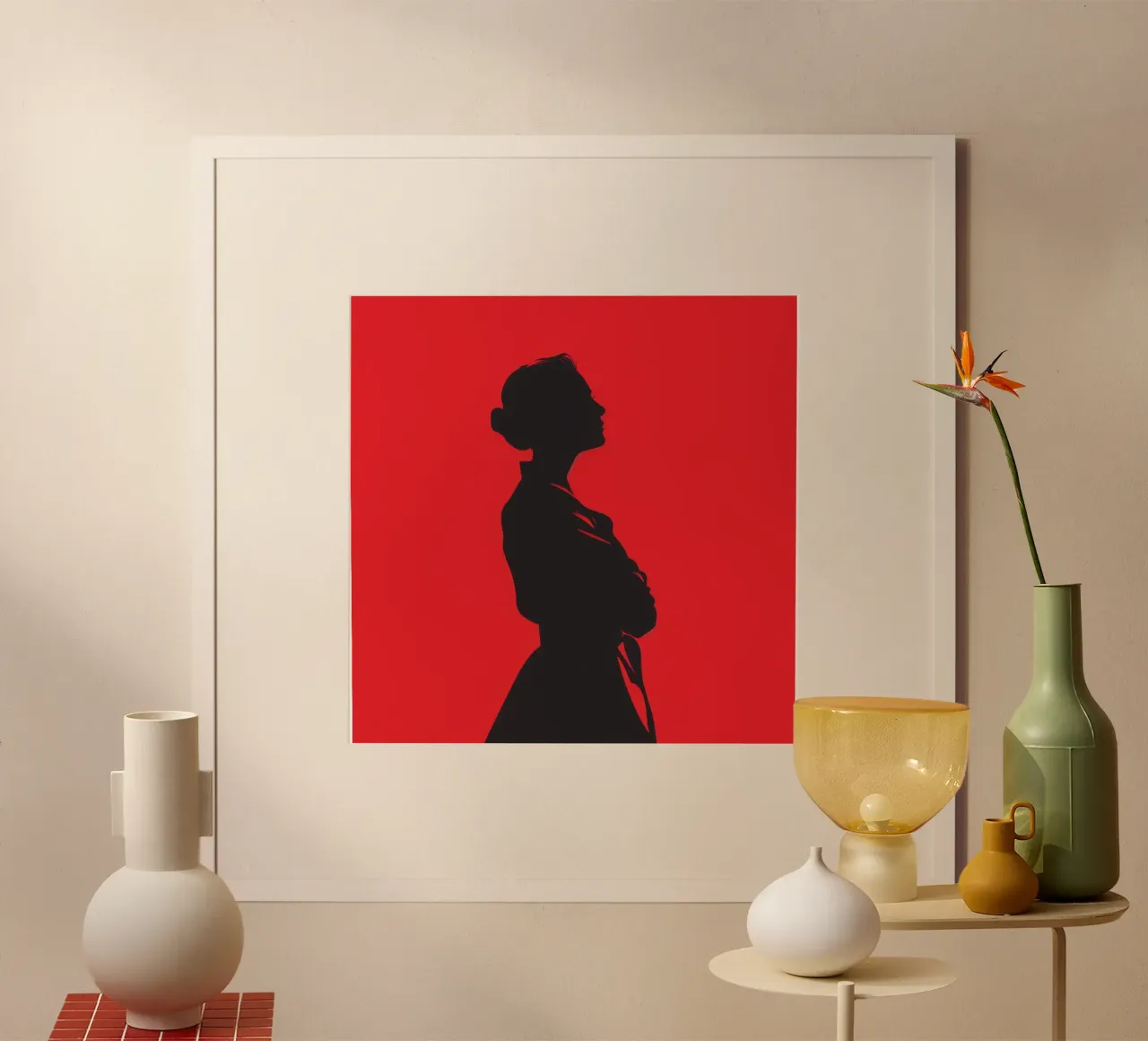 Ombra femminile su sfondo rosso poster con telaio in legno da pixel