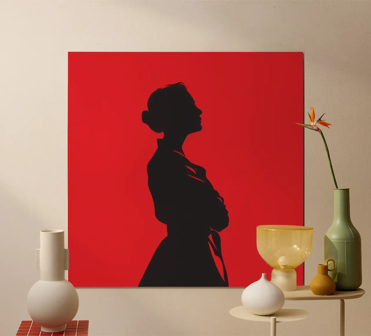 Ombra femminile su sfondo rosso poster con telaio in legno da pixel