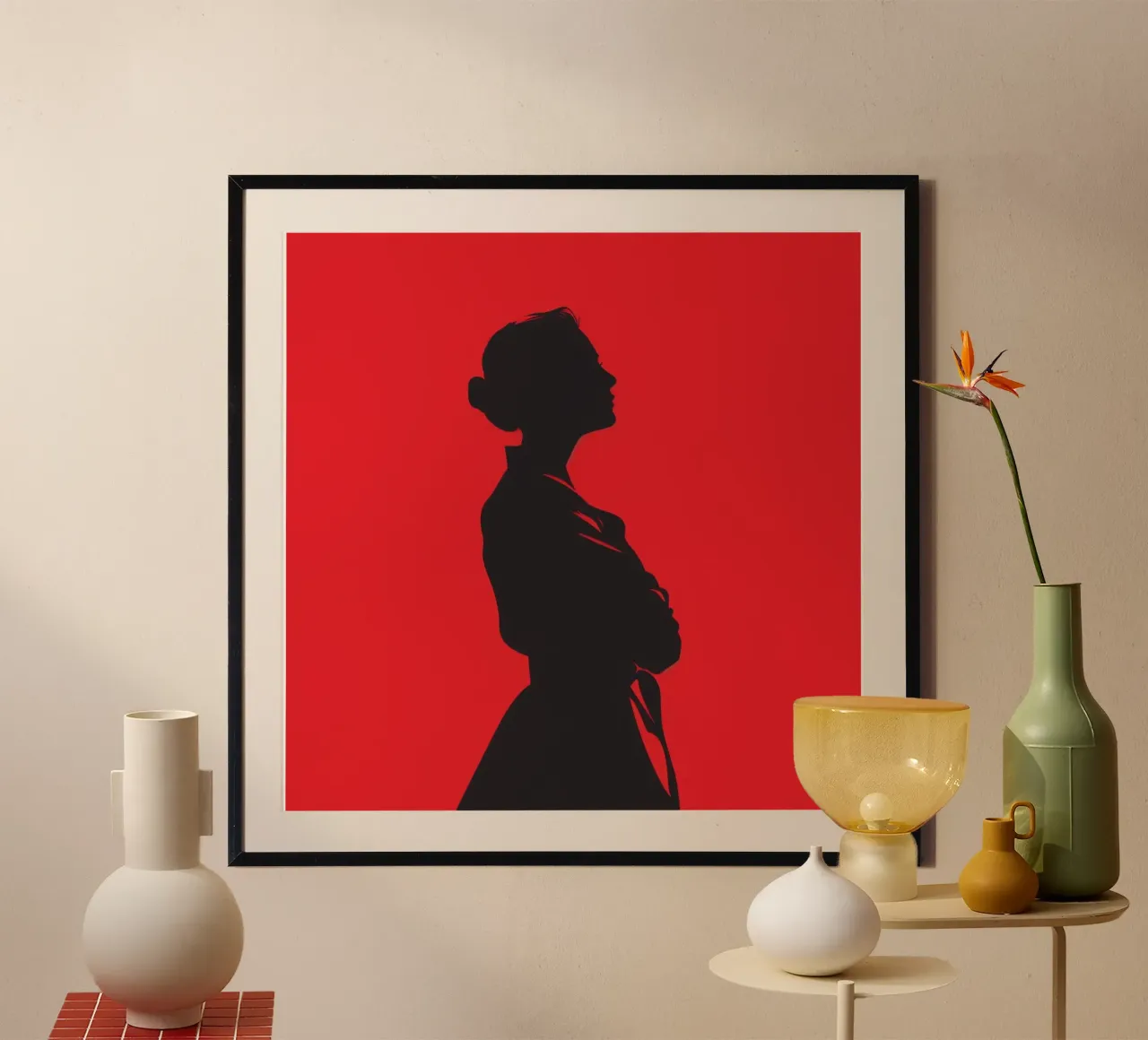 Ombra femminile su sfondo rosso poster con telaio in legno da pixel