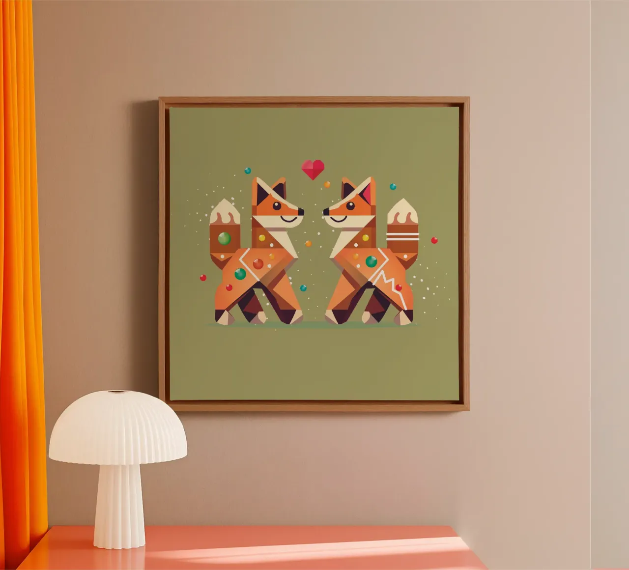 Two gingerbread-style foxes as a Christmas motif canvas with Floater frame by namosh