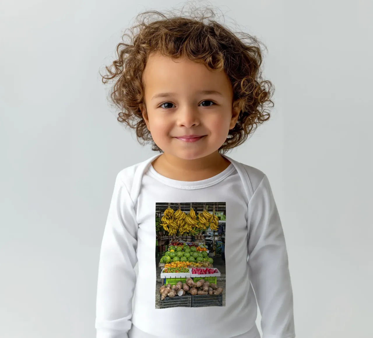 Fruit stand long-sleeve baby romper by Curious Collections by Marielle Leenders
