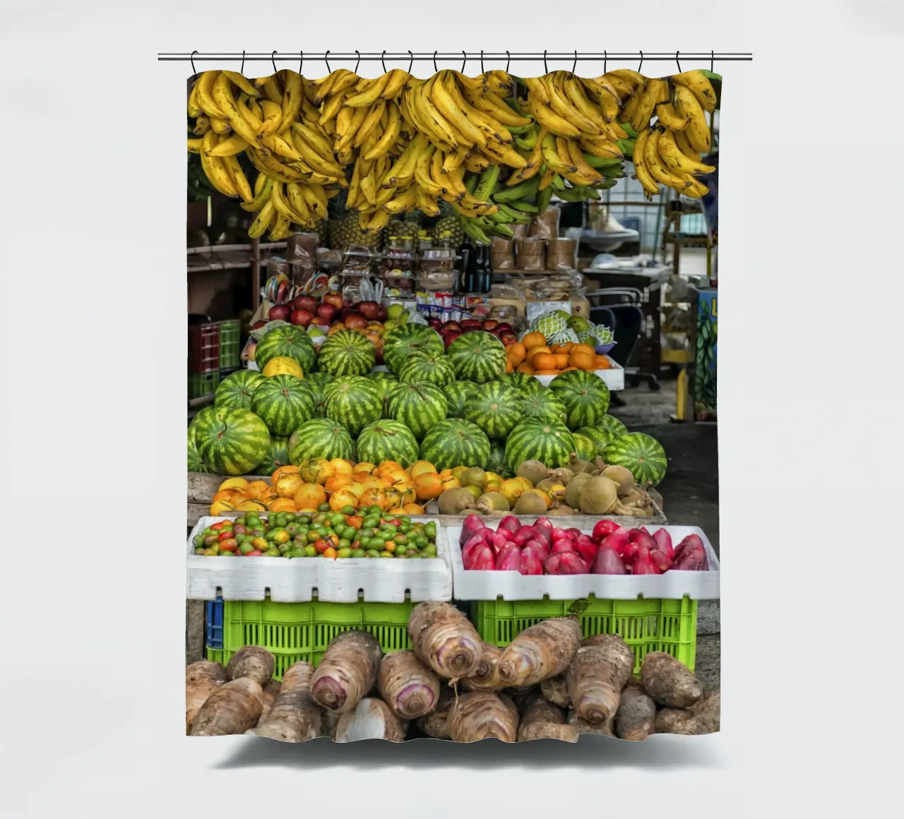 Fruit stand shower curtain by Curious Collections by Marielle Leenders
